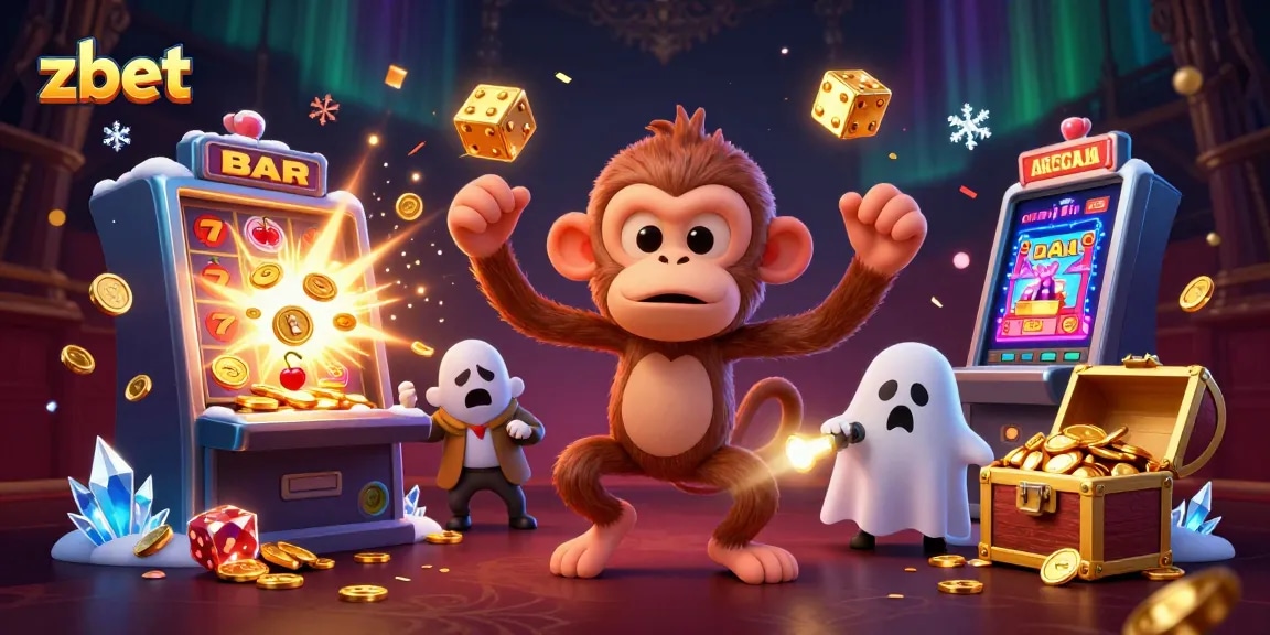 Engage in thrilling gameplay at zbet with a poltergeist monkey juggling golden casino treasures amid an exciting slot scene.