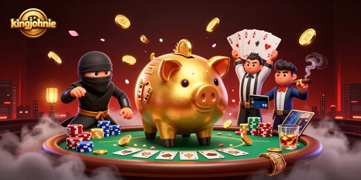 Engage with kingjohnnie's vibrant casino scene featuring a sumo wrestler and poker elements.