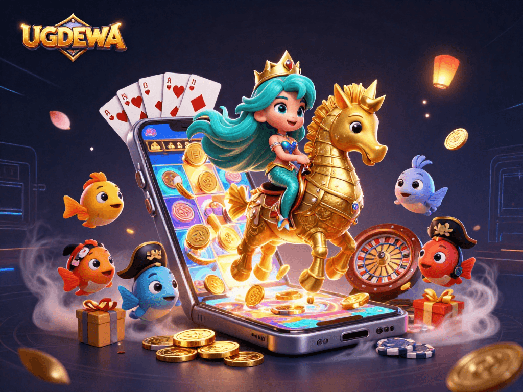 Spin and win with UGDEWA's vibrant 3D gaming illustration showcasing dynamic casino elements.