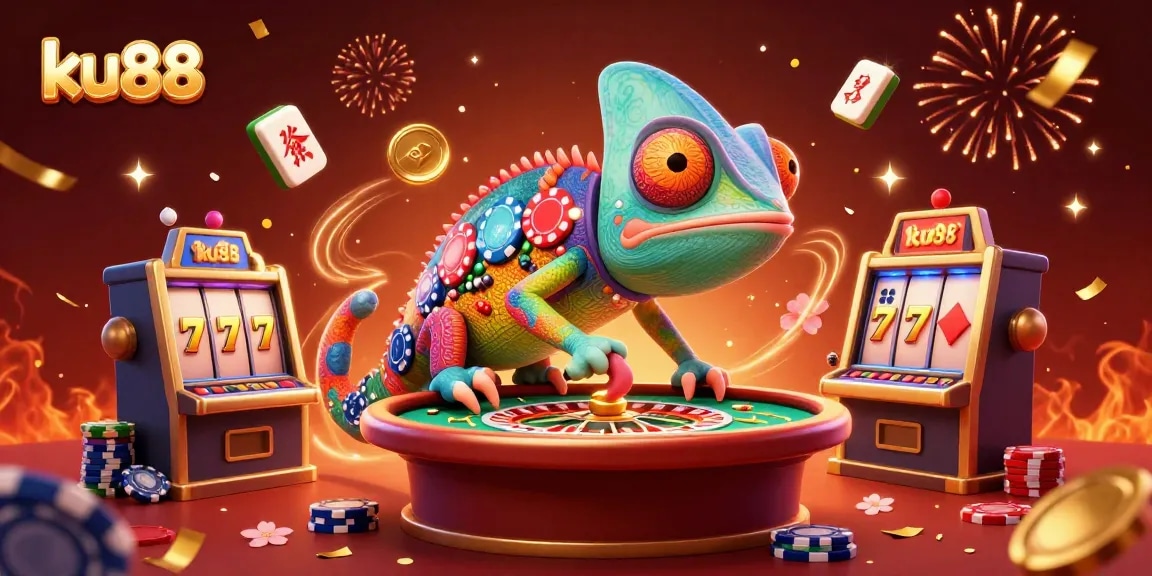 Experience the excitement of ku88 as the chameleon owner captures golden coins and watches the gaming tables.