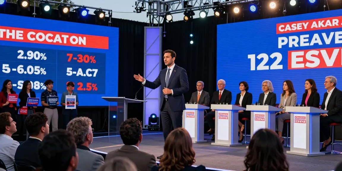 Casey Askar confidently addressing an audience during a political debate with statistics showcased behind him.