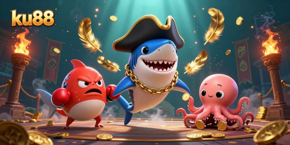 ku88 casino illustration showcasing a pirate shark, pufferfish, and octopus amidst vibrant gaming elements.
