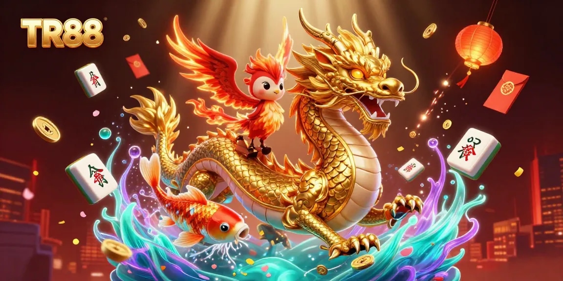 Experience the excitement of TR88 with a dynamic scene featuring a dragon, phoenix, and koi fish among vibrant casino elements.