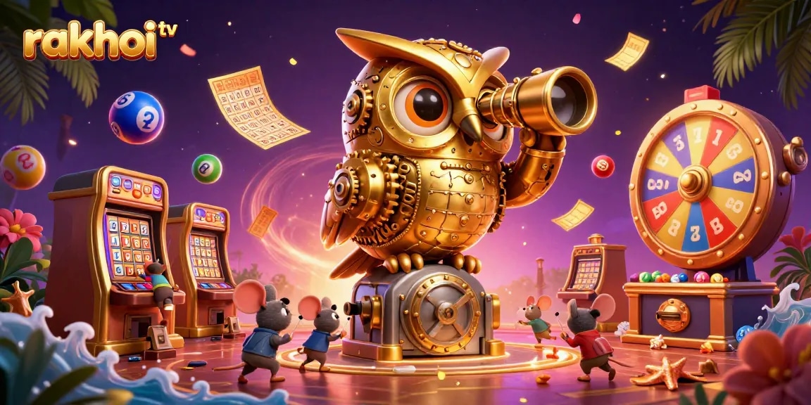 Experience rakhoi tv's exciting casino atmosphere with a clockwork owl overseeing a vibrant gaming scene filled with action.