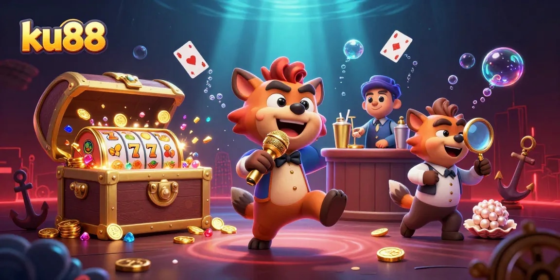 ku88 hyena cartoon characters entertain in a vibrant casino scene with slot reels and treasure
