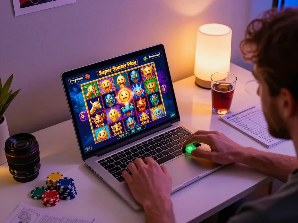 Player enjoying Pragmatic Play Super Scatter slots at home, showcasing rosalindinnovations gaming experience.