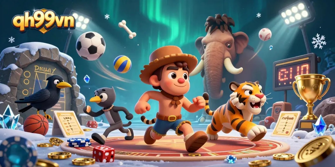 Experience thrilling gameplay at qh99vn with a vibrant prehistoric casino scene featuring unique characters and dynamic elements.