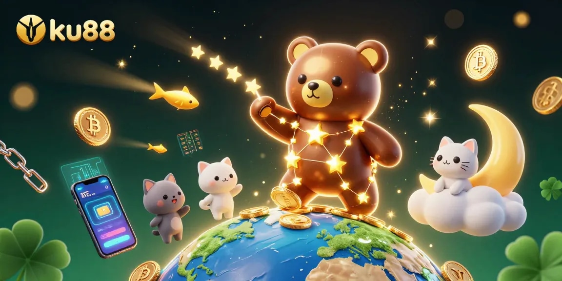 ku88 provides a vibrant casino scene with cartoon constellation bear collecting coins amidst digital crypto elements.