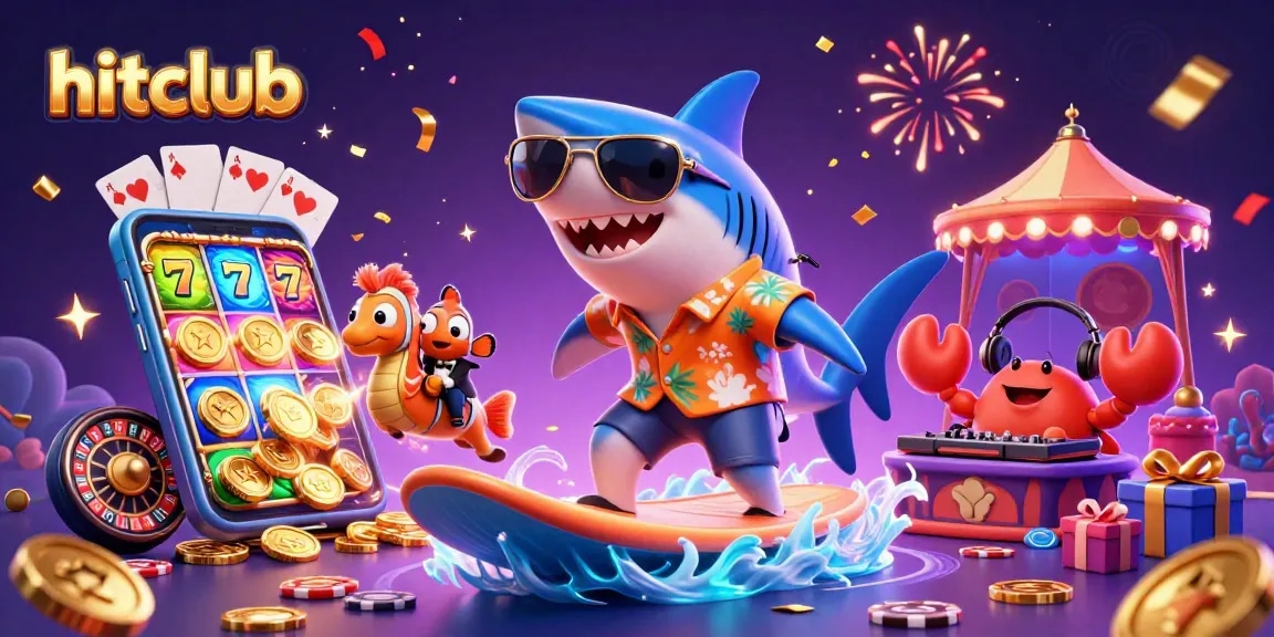 Engage with hitclub's thrilling gaming experience featuring cartoon characters amidst vibrant casino elements.