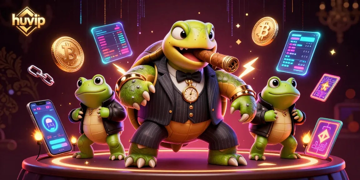 Experience huvip gaming with vibrant scenes of a turtle mobster amidst neon coins.