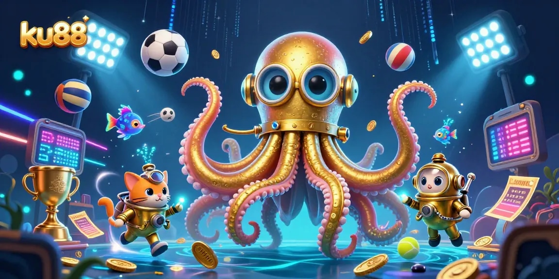 Bet on ku88 with an energetic scene of a kraken and diving cat amidst dynamic sports elements.
