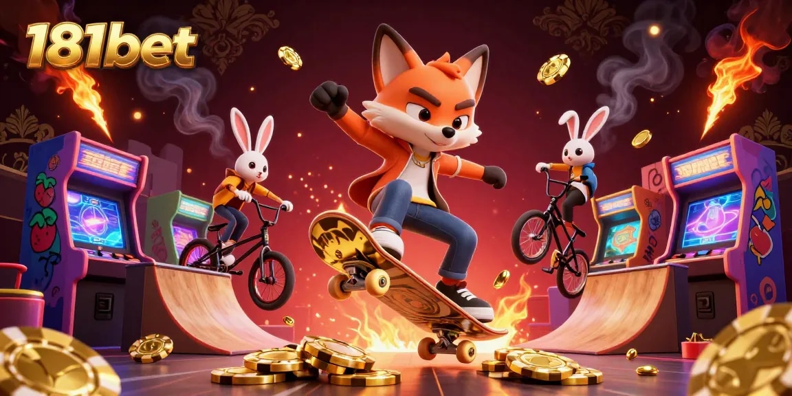 Experience high-energy casino action with 181bet's vibrant skateboarding characters flipping over golden poker chips.