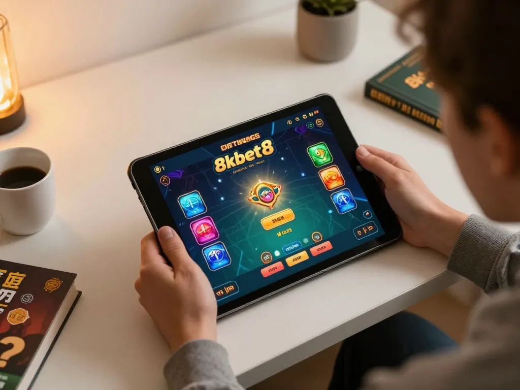 Engaging with the 8kbet8 casino app on tablet, showcasing strategic gameplay.