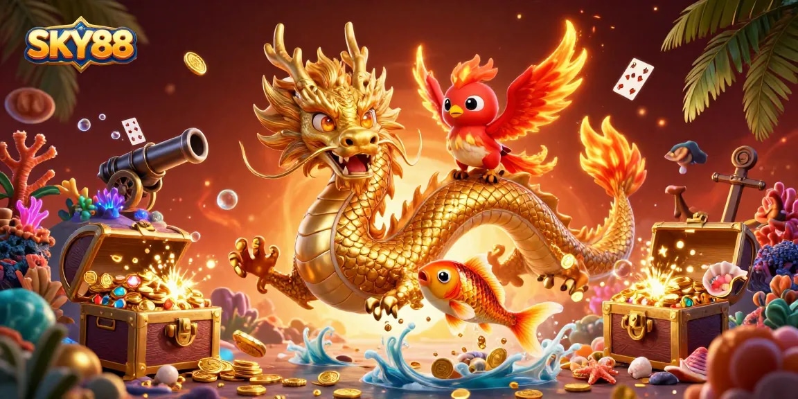 Experience thrilling gaming with SKY88 in a vibrant 3D illustration featuring dragon, phoenix, and koi elements.