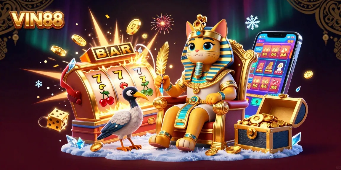Experience the excitement of VIN88 with a vibrant illustration of a pharaoh cat and jackpot elements.