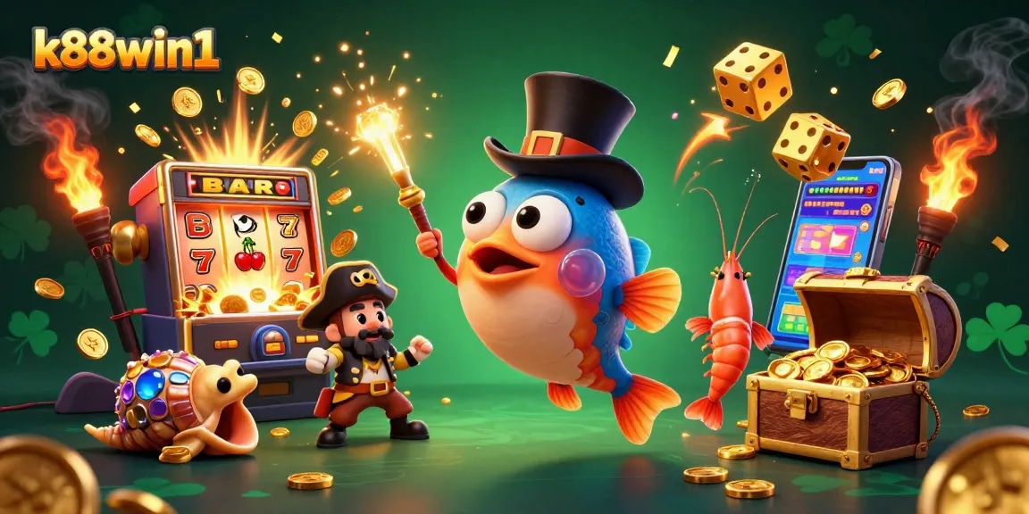 Engage with the vibrant world of k88win1, featuring cartoon characters attracting coins amidst a jackpot explosion.