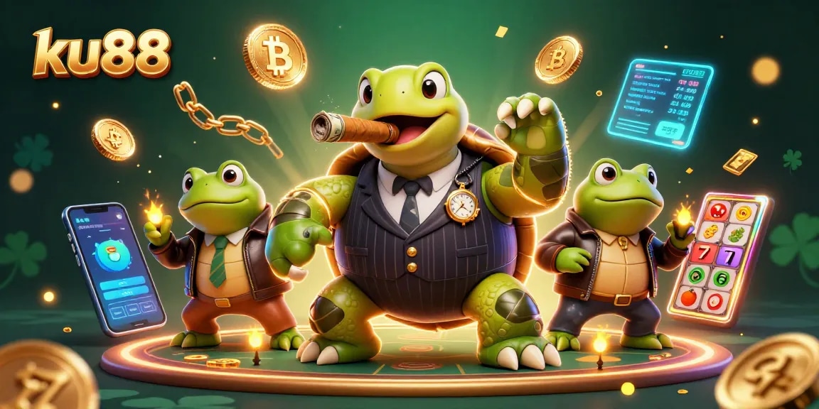 ku88 showcases a vibrant 3D scene depicting a turtle and bullfrog enforcers amid casino-themed elements.