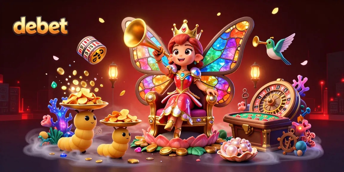 Experience debet with a vibrant casino scene featuring a butterfly queen and slot reels.
