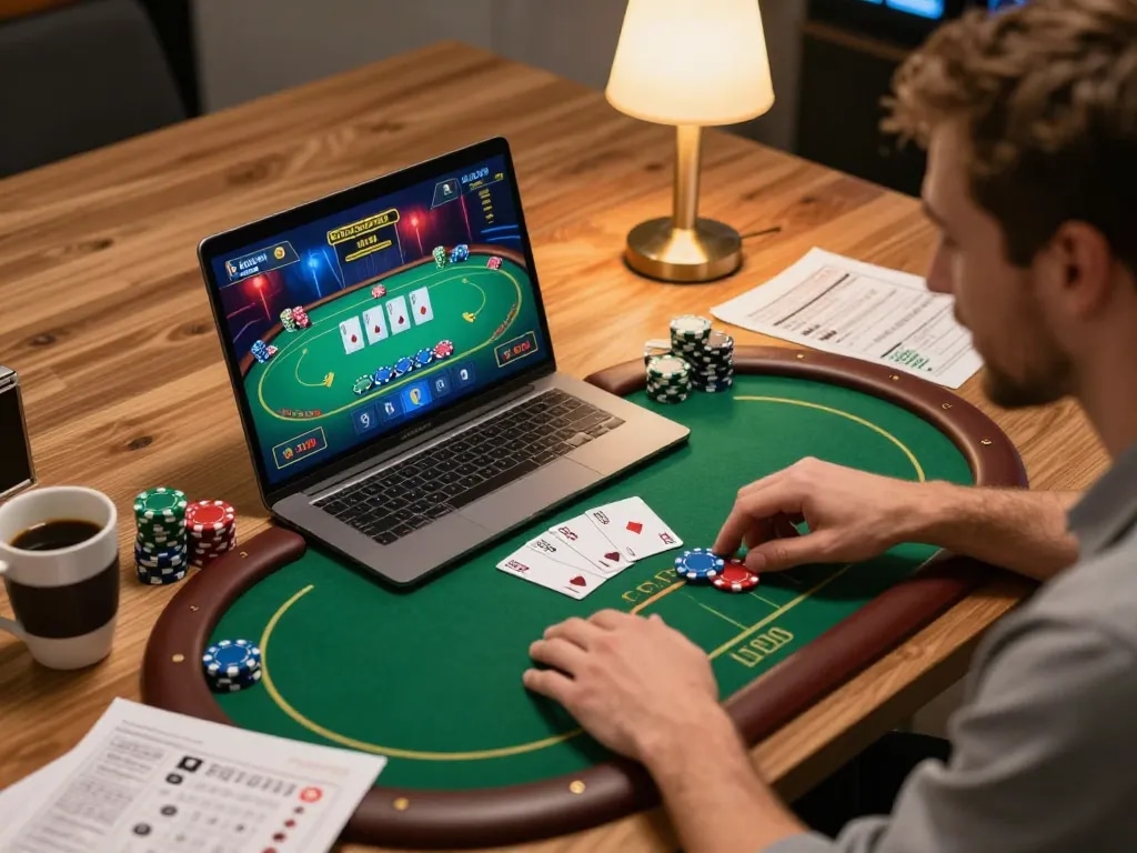 milkandhoneyclay player preparing for online poker game with strategic notes and excited expression