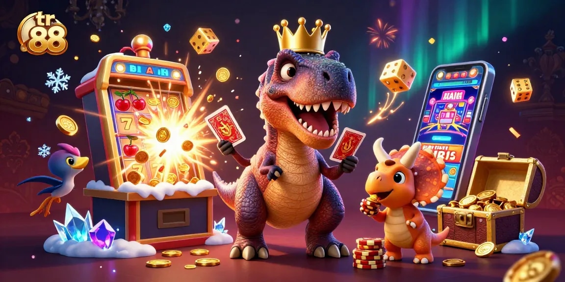 Experience thrilling games with tr 88 featuring a T-Rex, pterodactyl, and triceratops in an exciting casino scene.