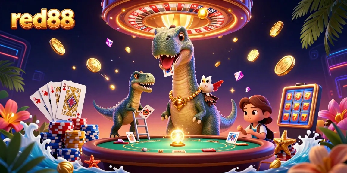 red88 showcases a vibrant casino scene with a charming brontosaurus and clever raptor amidst golden coins.