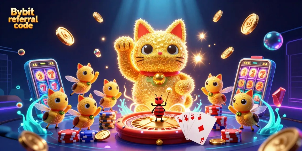 Uncover the advantages of using the Bybit referral code with a vibrant casino-themed illustration showcasing gaming elements.