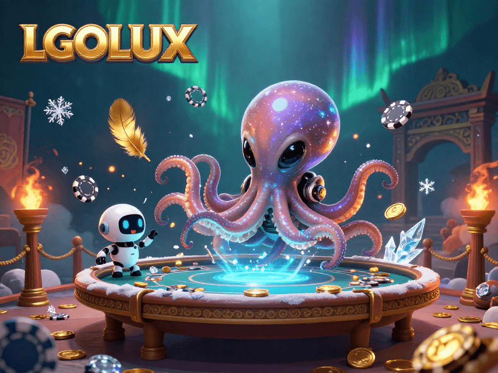 Experience the exhilarating world of LGOLUX at a cosmic poker table with alien characters.