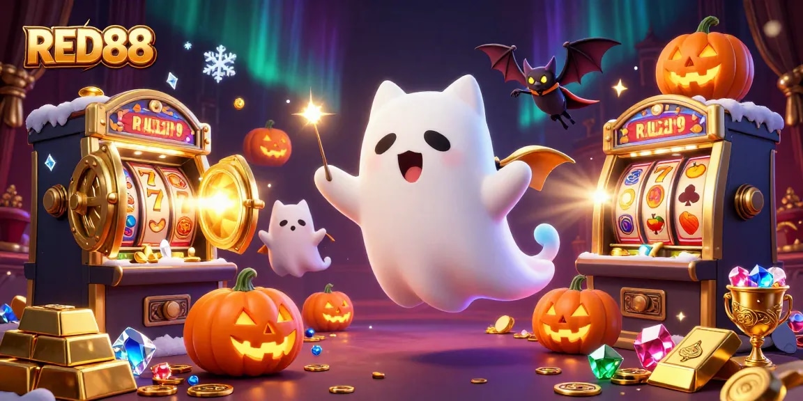 Experience thrilling winning chances at RED88 with our ghostly cat and vibrant casino scene.