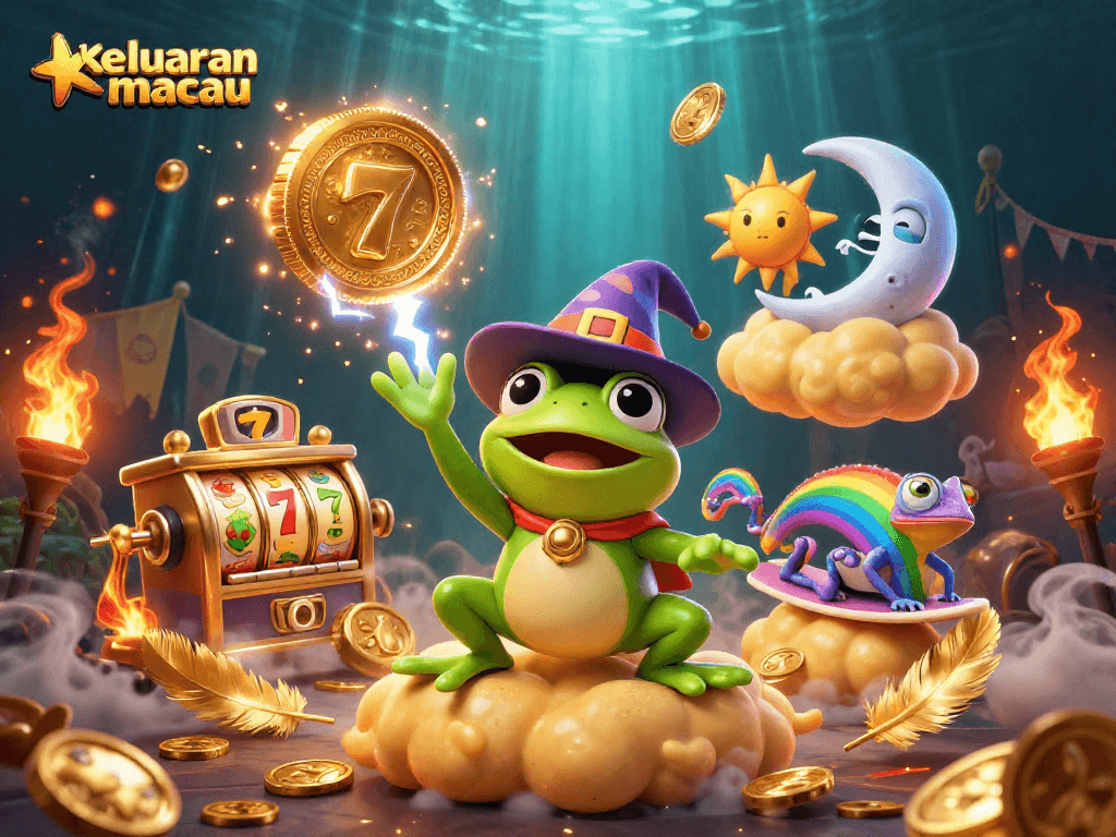 Engage with keluaran macau results, a powerful storm of winning coins and vibrant characters in a casino scene.