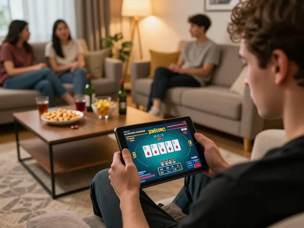 prisonersofthecrown player engaging in online tournament on tablet in cozy living room