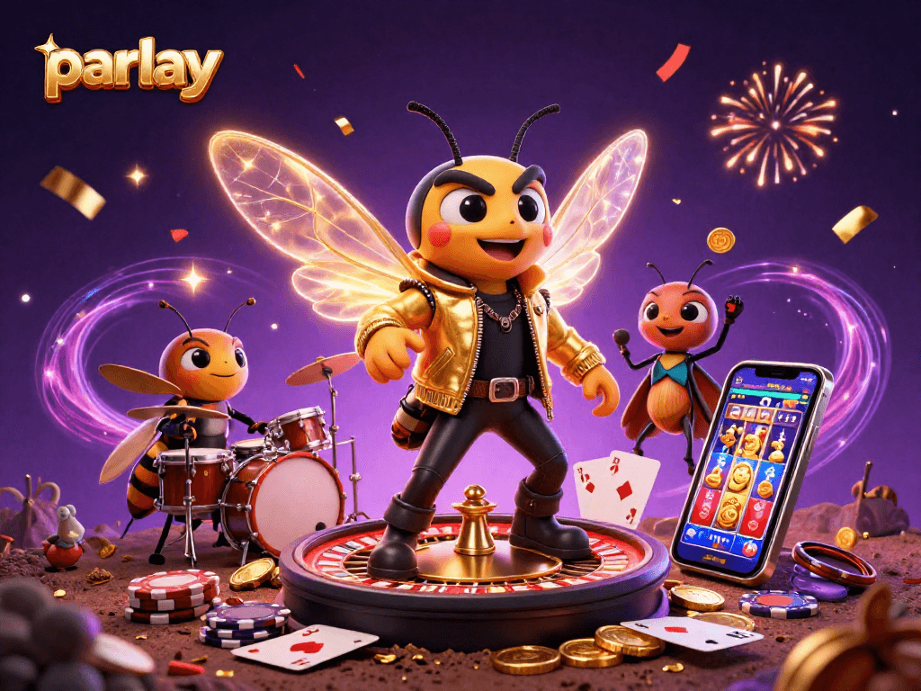 Experience the thrill of parlay betting with an energetic rock star casino scene full of excitement and gaming elements.