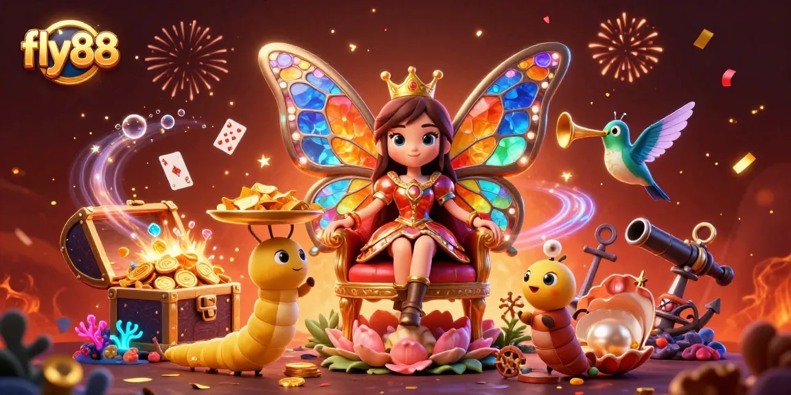 Experience the excitement of fly88 as the butterfly queen presides over a vibrant casino scene filled with treasures.
