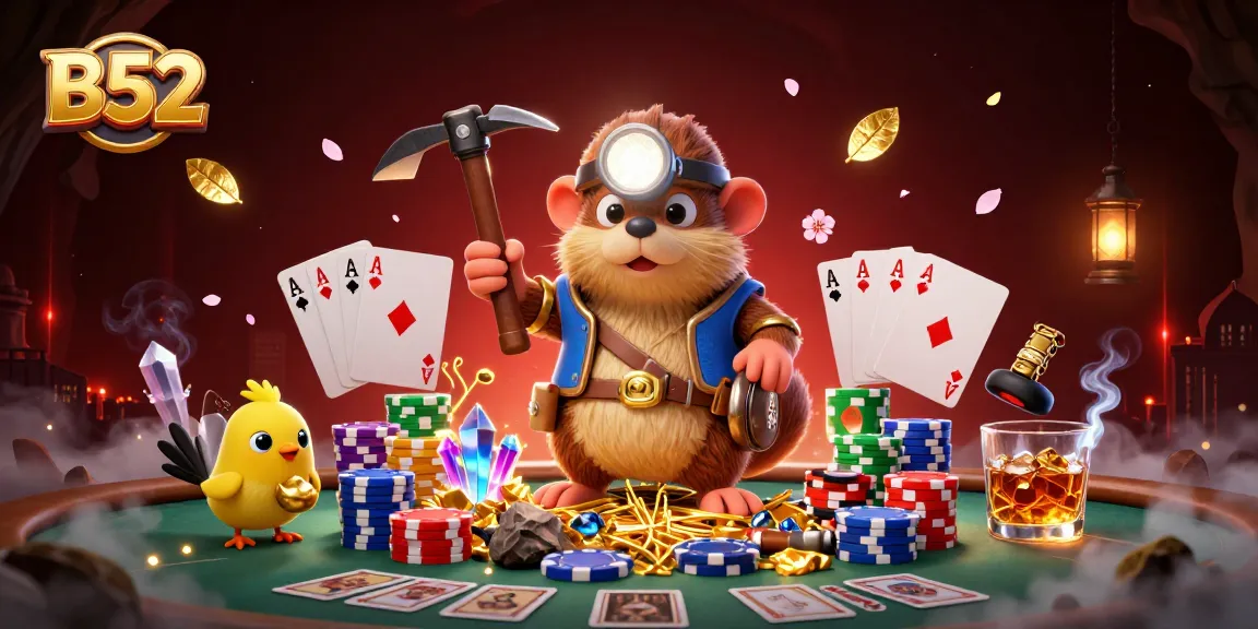 Engage with B52-themed gambling adventure featuring vibrant casino elements and a treasure hunter mole.