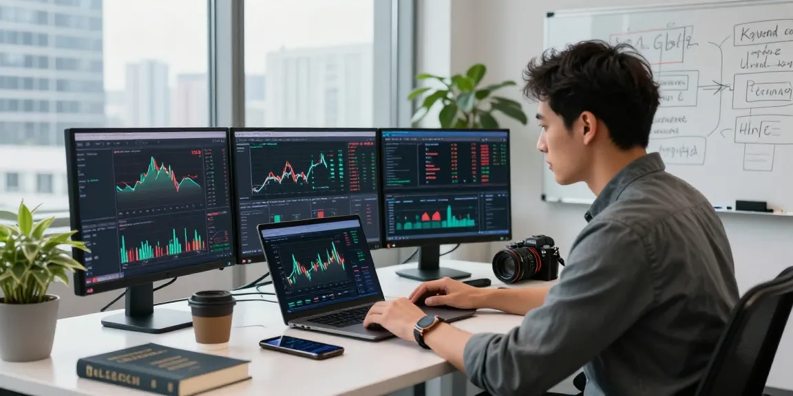 Focused trader analyzing cryptocurrency charts while leveraging Kyber-Swap in a professional office setting amidst digital assets and market strategies.