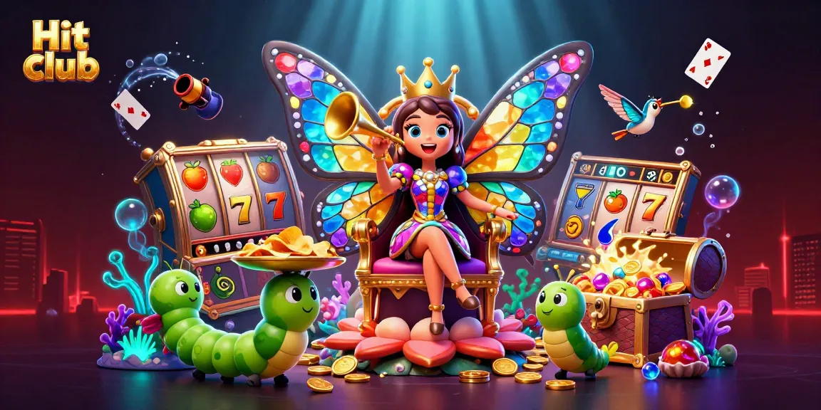 Spin and win at Hit club with vibrant 3D casino gaming illustration featuring a butterfly queen.