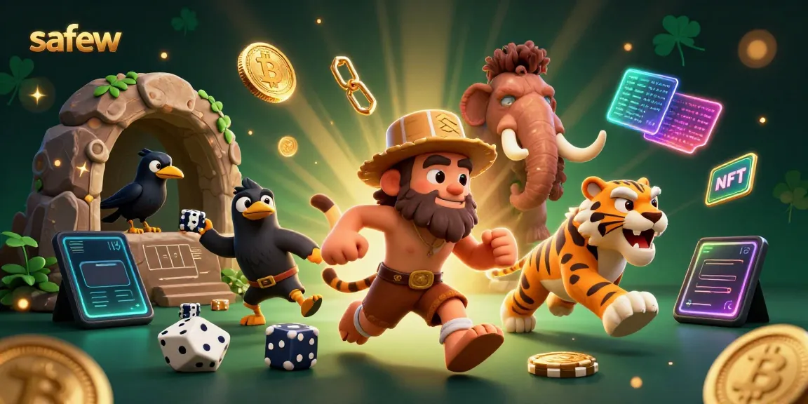 Engage in dynamic casino gameplay with safew's vibrant illustration of a caveman duo managing a prehistoric digital casino.