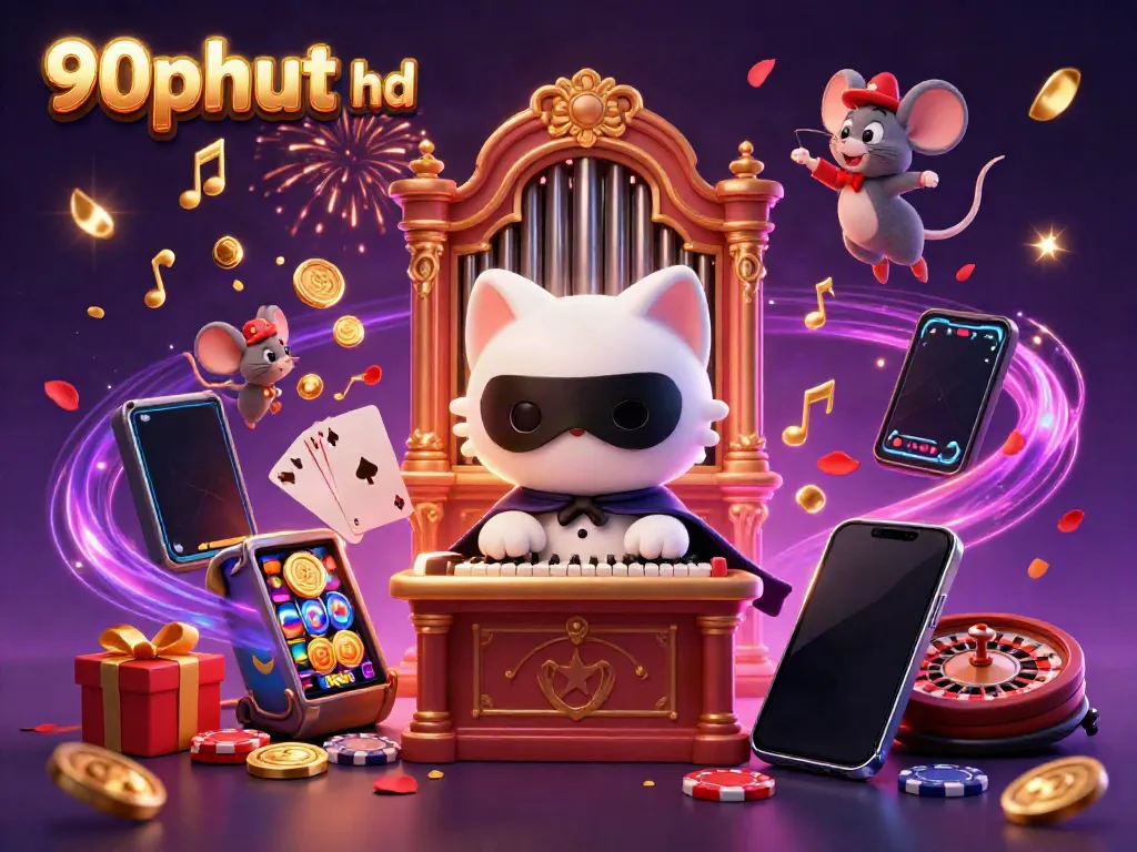 Experience dynamic 90phut hd casino action with a vibrant scene of a phantom cat and mouse in a lively gambling environment.