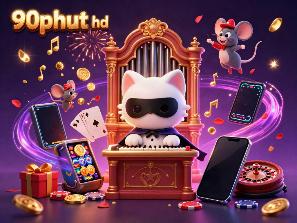 Experience dynamic 90phut hd casino action with a vibrant scene of a phantom cat and mouse in a lively gambling environment.