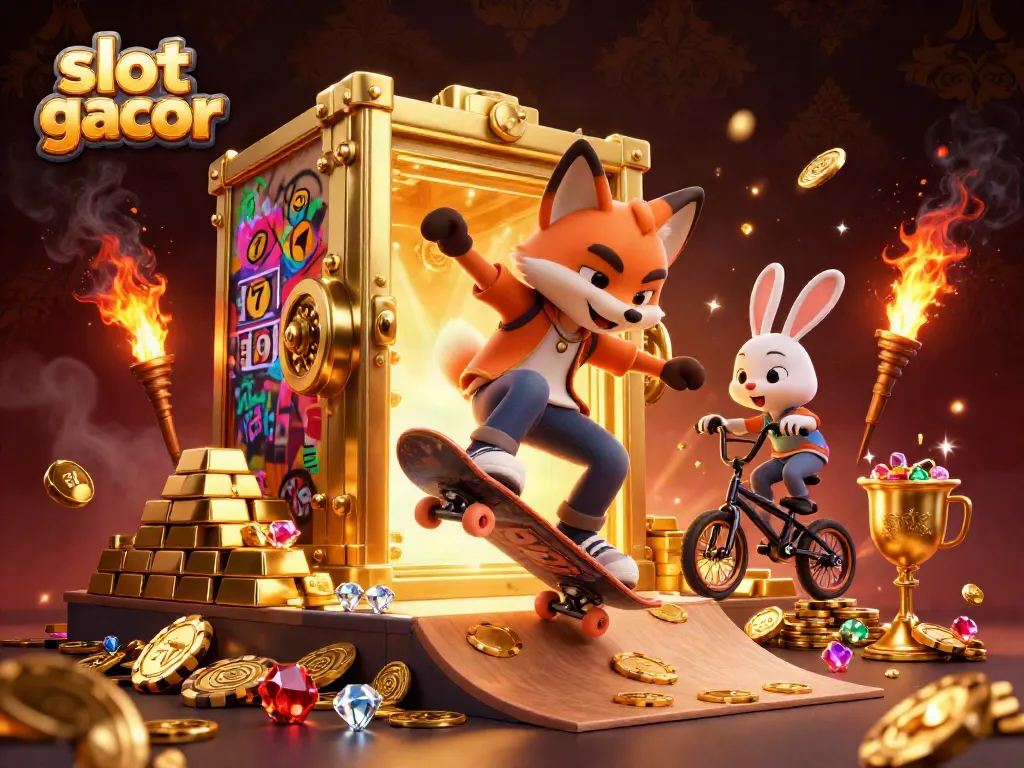 Slot gacor illustration with a fox skateboarder and BMX rabbit amidst golden casino elements.
