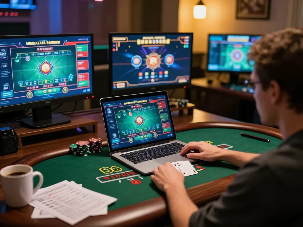 Play blackjack online at rr88, featuring a user on laptop in a cozy gaming setup with strategy notes.