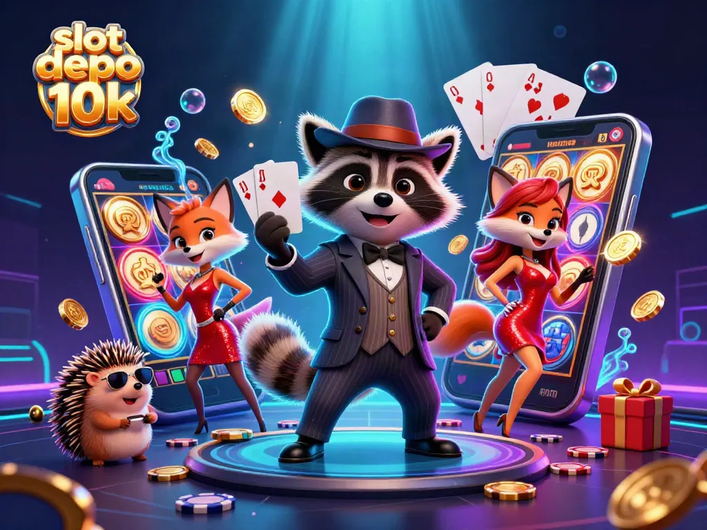 Experience thrilling gameplay with slot depo 10k as raccoon, fox, and hedgehog celebrate casino wins.