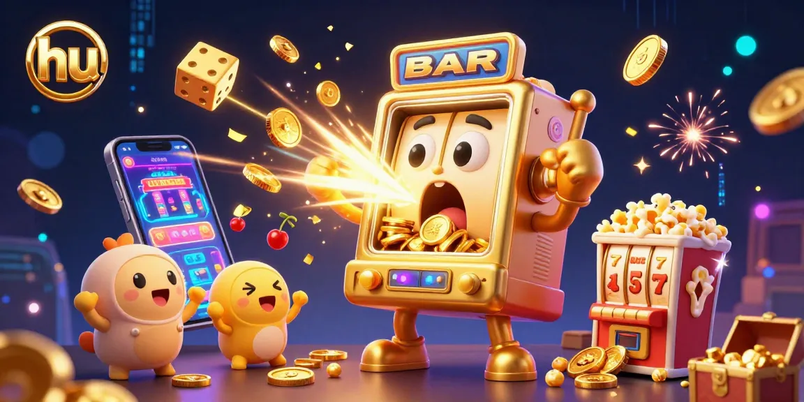Join the hu slot machine's jackpot celebration with vibrant coins and cheering characters!