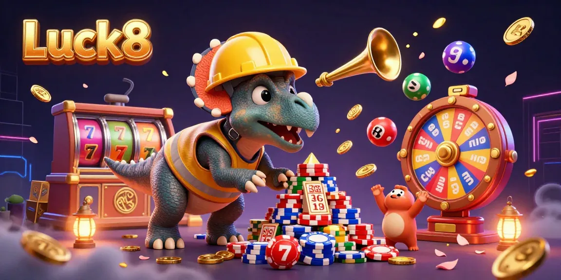 Experience Luck8's thrilling casino atmosphere with colorful slots and playful characters celebrating wins!