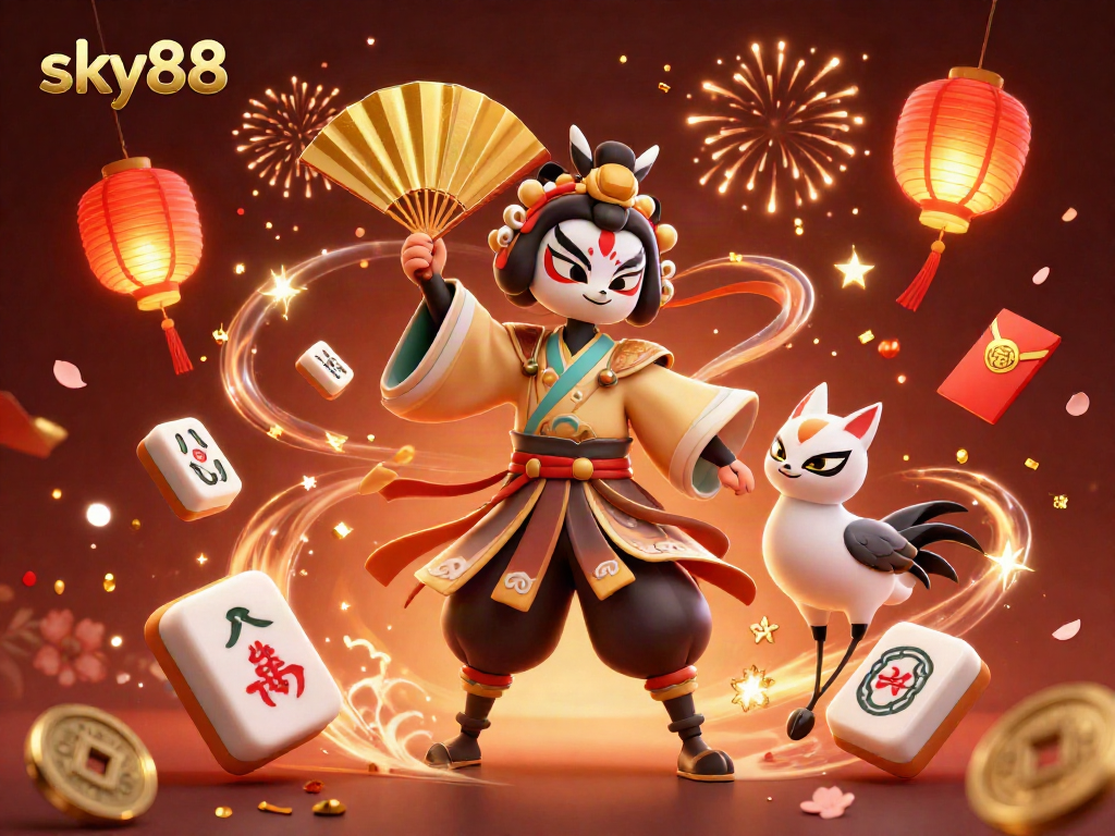 Experience the dynamic thrill of sky88 with a kabuki warrior and kitsune in a vibrant casino scene.