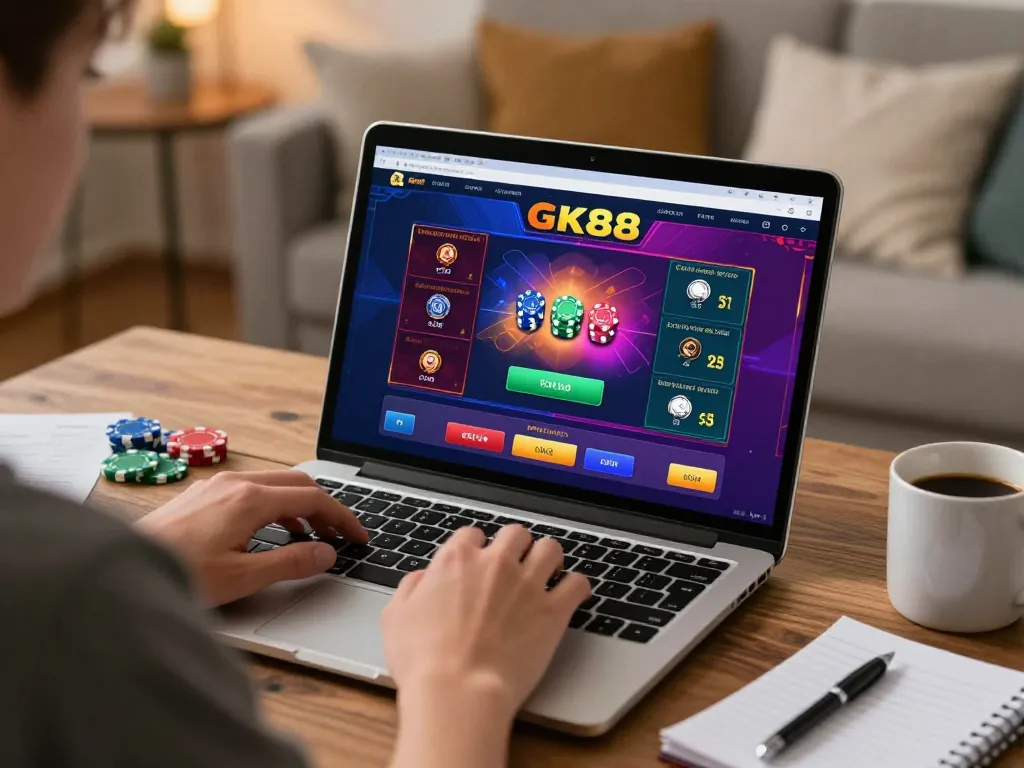 Engaging with GK88 online casino interface while planning betting strategies in a cozy home setting.