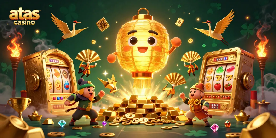 Experience the excitement of the atas casino with glowing lantern spirits amidst golden treasures and dynamic slot elements.