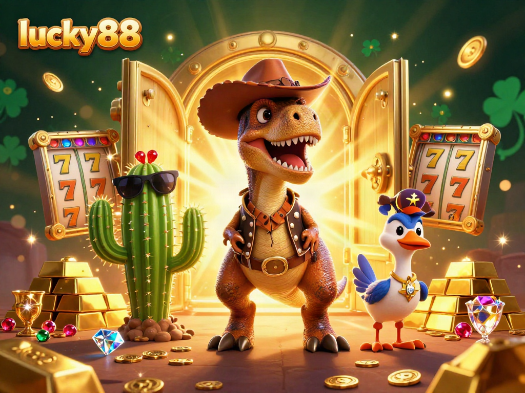 Experience the excitement of lucky88 casino with vibrant characters and treasure in a dynamic scene.