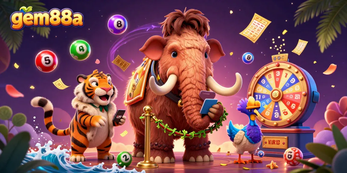 Experience the vibrant action of gem88a with a mammoth bouncer and lottery fun in a lively casino scene.