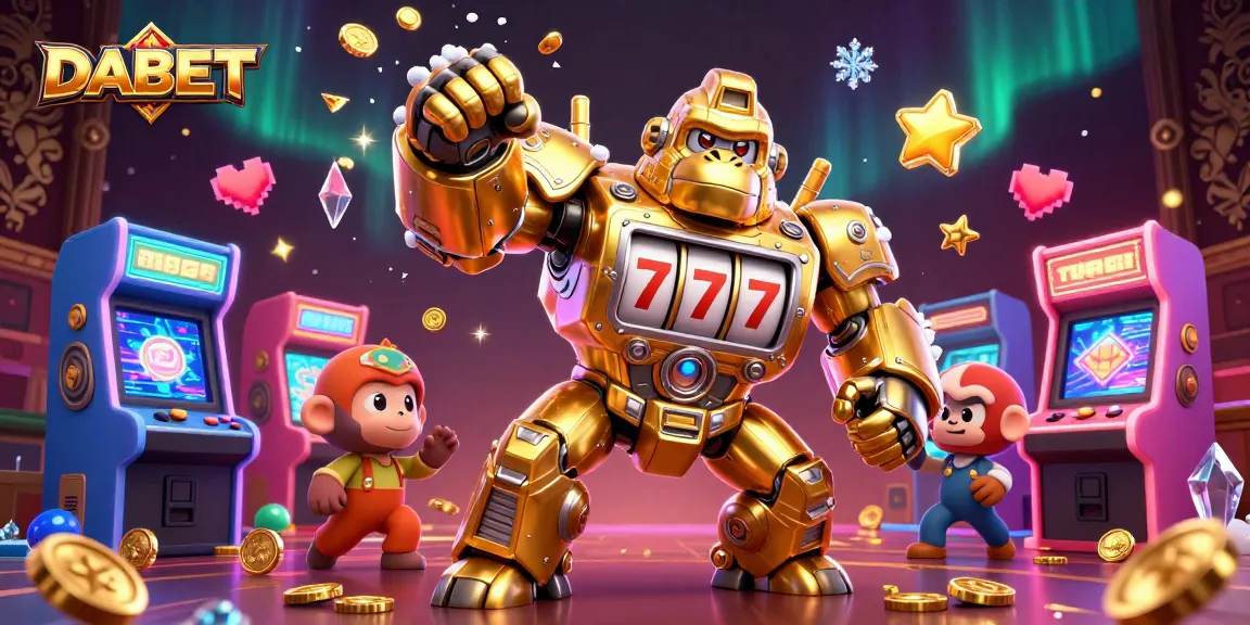 Engage with DABET's exciting gaming atmosphere featuring a dynamical golden gorilla mech and 3D arcade elements.