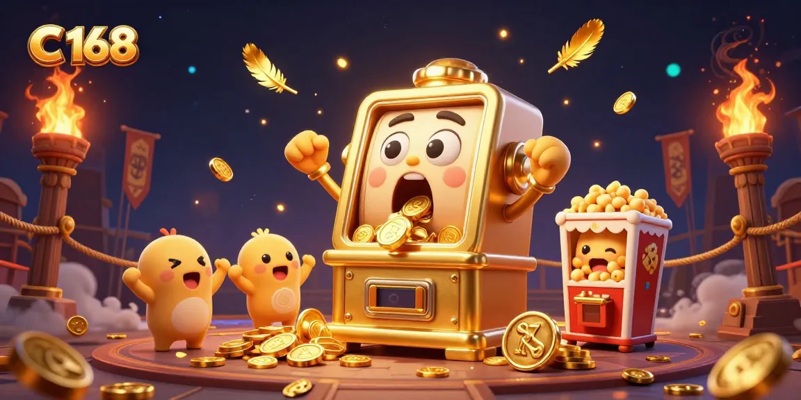 Experience the thrill of C 168 as a golden slot machine hits the jackpot with coins raining down.